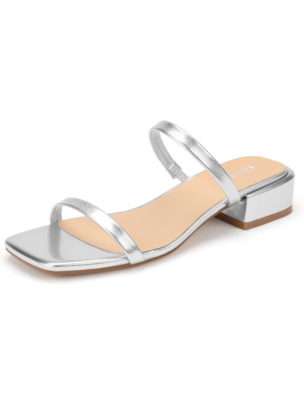 Women's Silver Low Block Chunky Slide Two-Strap Square Open Toe Heeled Sandals